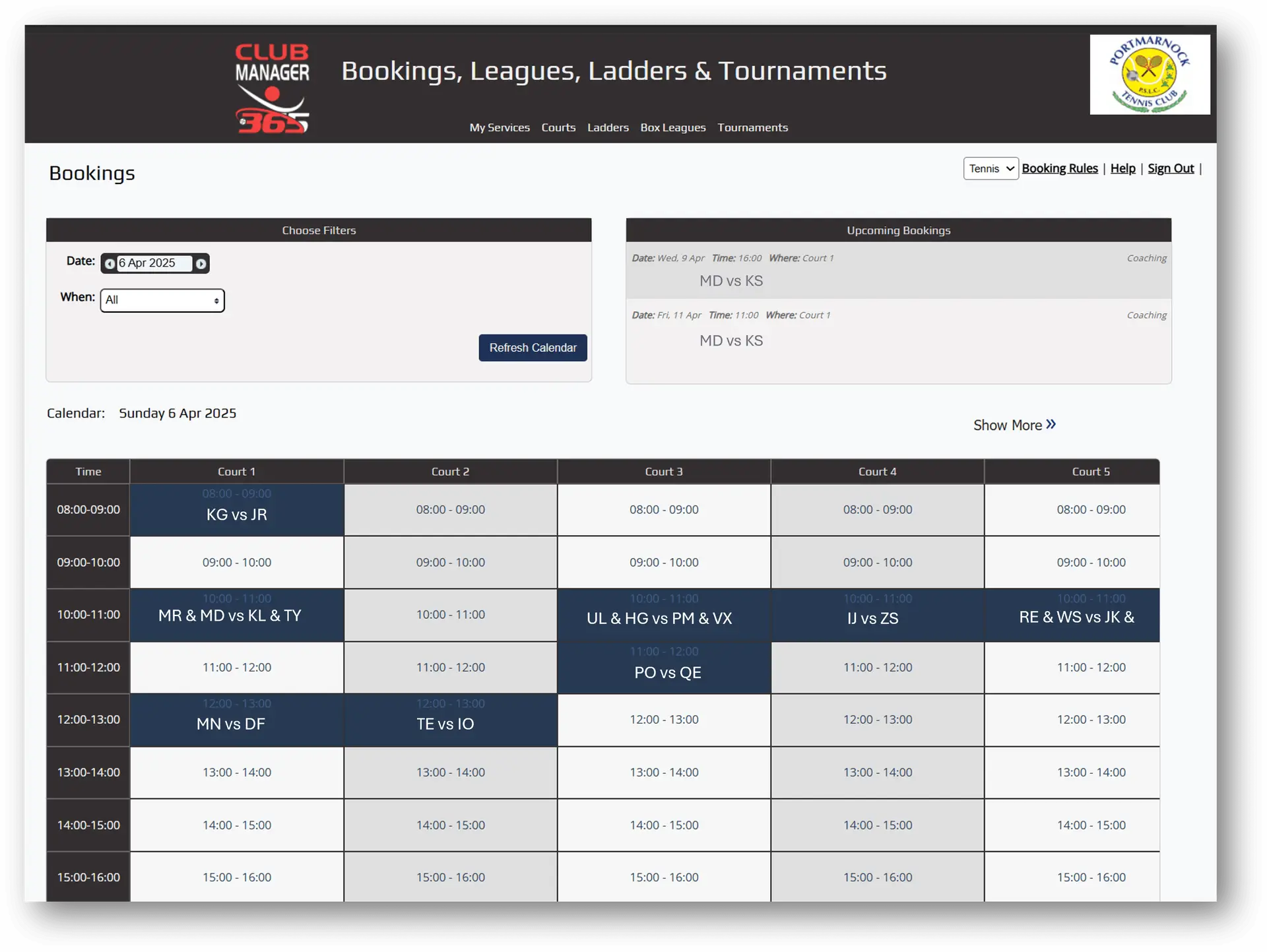 Club Manager 365 dashboard showing court availability and booking options