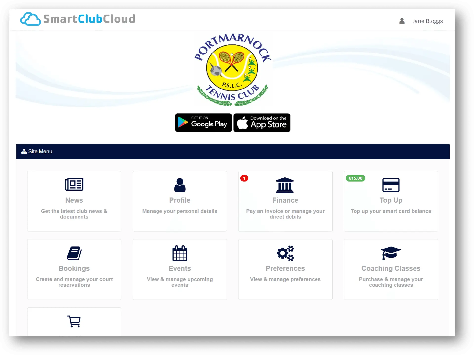 Smartclub dashboard showing options for each feature